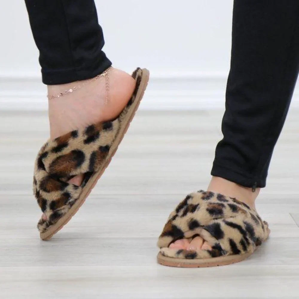 Leopard  Fuzzy Furry Criss Cross Sandal Sliders - Picture 13 of 14
